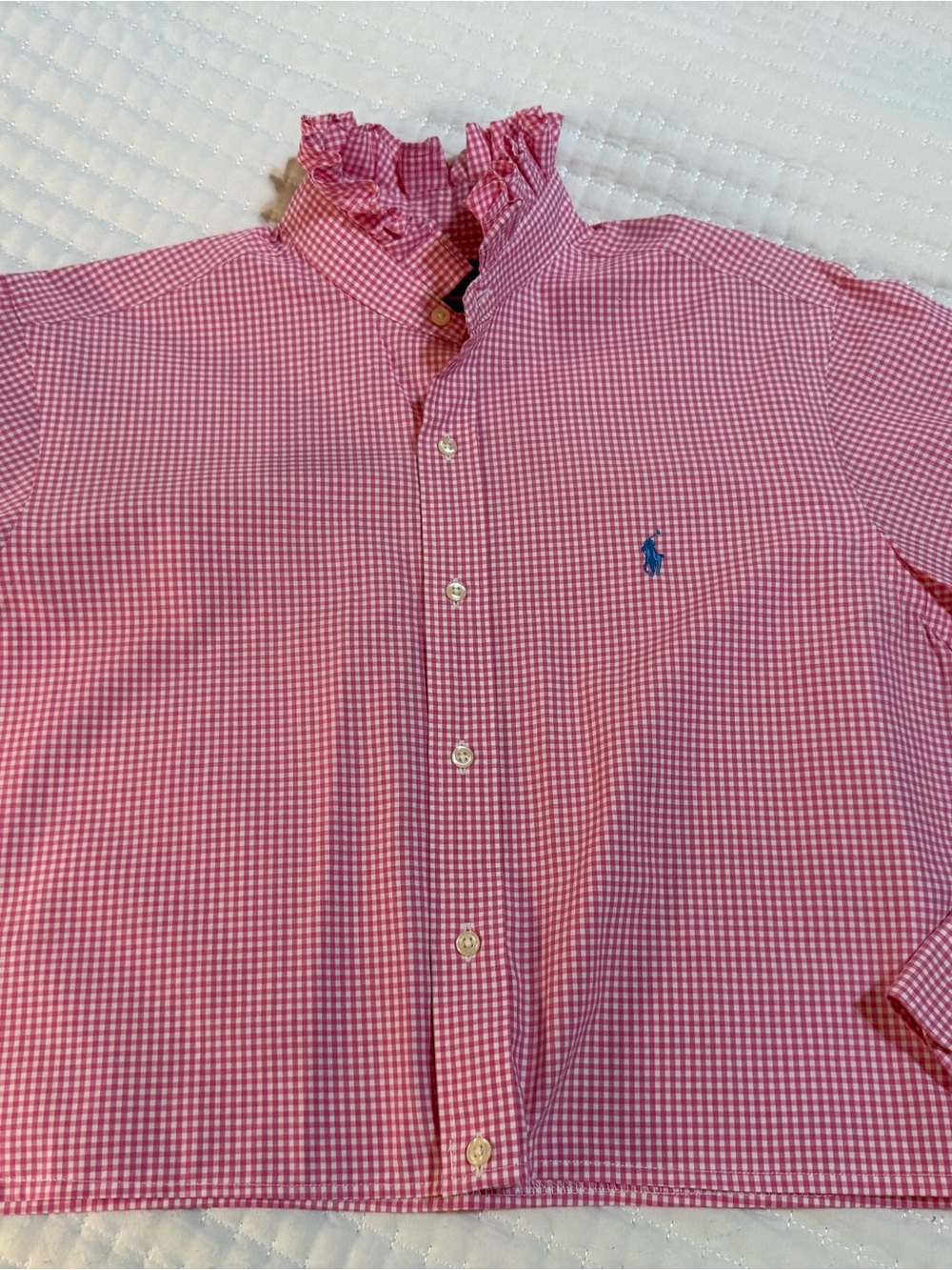 Upcycled Ralph Lauren Pink Gingham Ruffle Collar Button-Down Shirt - Picture 9 of 9